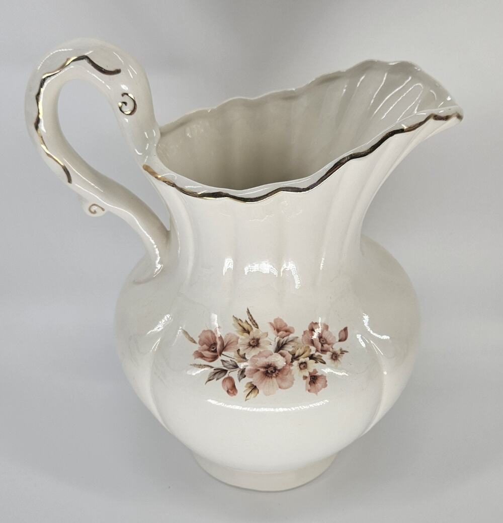 Vintage Studio Art Pottery Pitcher Metamora IN Floral Ceramic Gold Trim Swan